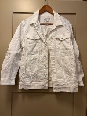 CURRENT/ELLIOTT Oversized Trucker Jean Jacket Distressed Tattered White Denim
